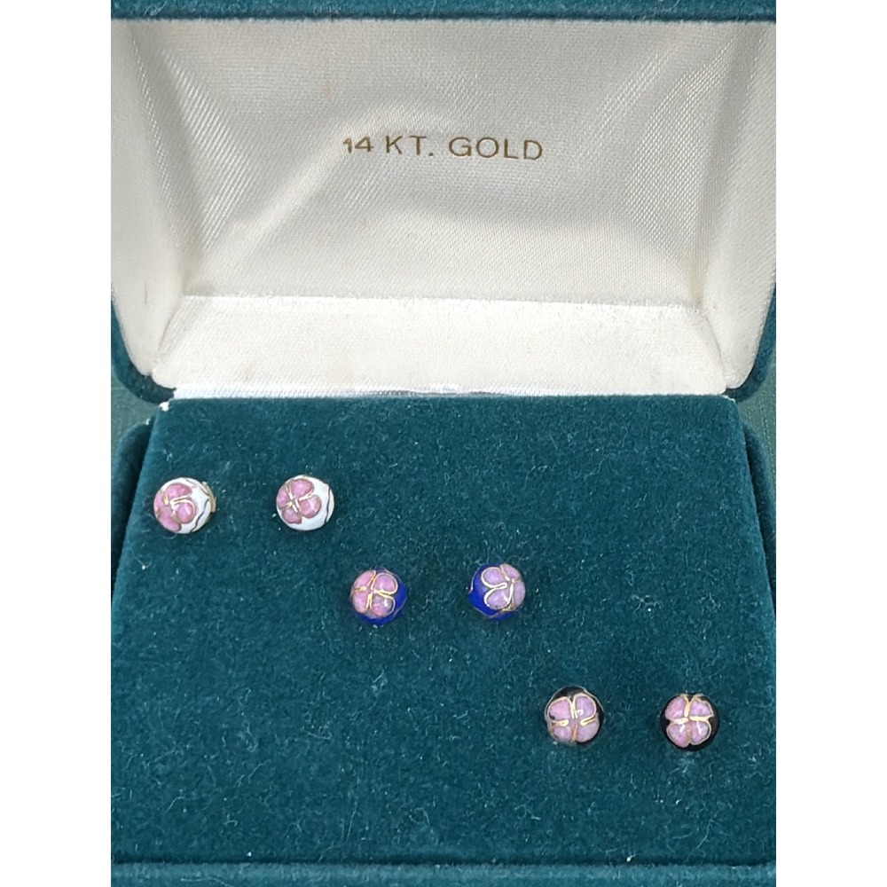 Vintage 14K Gold Cloisonne Enamel Stud Earring Set 3 Pairs Floral